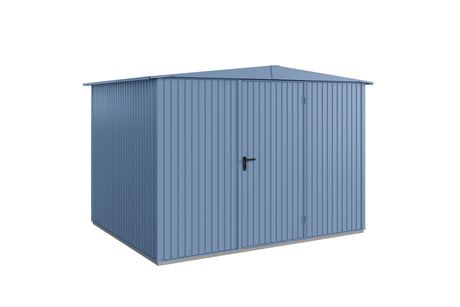 Hörmann Gerätehaus Modell Berry Classic Typ 3 Satteldach taubenblau Einzeltür freigestellt