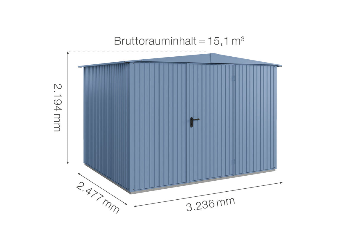 Hörmann Gerätehaus Modell Berry Classic Typ 3 Satteldachtaubenblau Einzeltür Maße