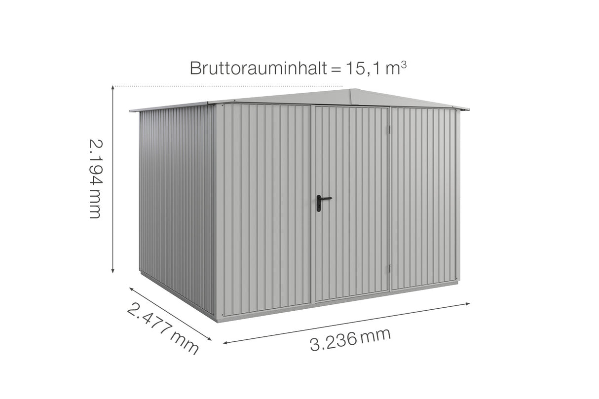 Hörmann Gerätehaus Modell Berry Classic Typ 3 Satteldach weißaluminium Einzeltür Maße