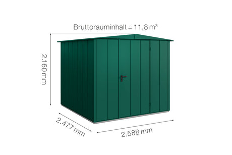Hörmann Gerätehaus Modell Berry Modern Typ2 Satteldach moosgrün Einzeltür Maße