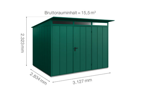 Hörmann Gerätehaus Modell Berry Modern Typ3 moosgrün Einzeltür Maße