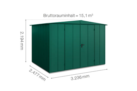Hörmann Gerätehaus Modell Berry Modern Typ3 Satteldach moosgrün Doppeltür Maße