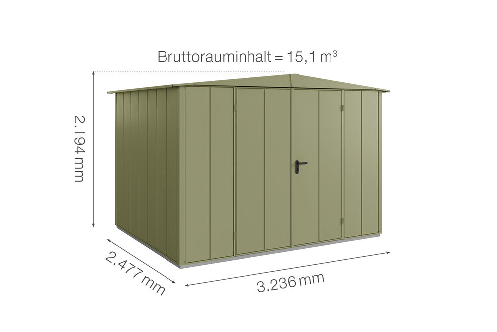 Hörmann Gerätehaus Modell Berry Modern Typ3 Satteldach schilfgrün Doppeltür Maße