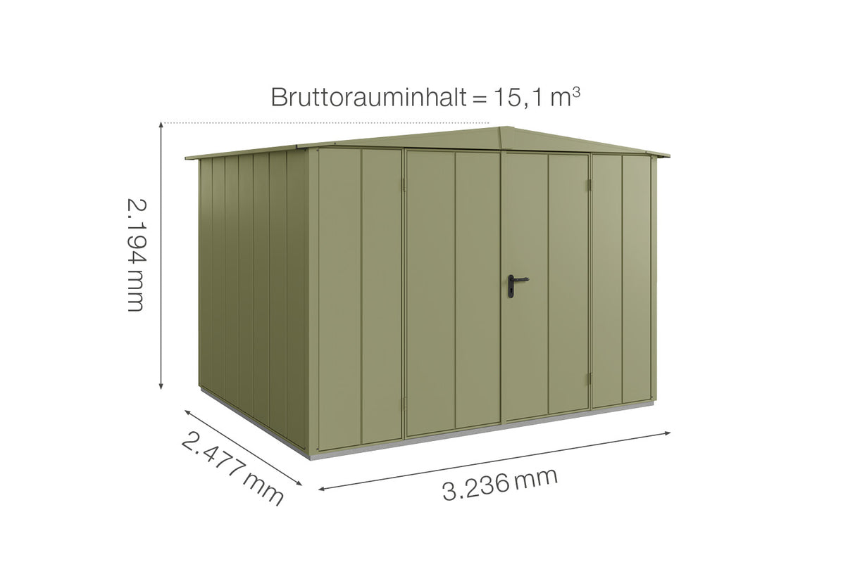 Hörmann Gerätehaus Modell Berry Modern Typ3 Satteldach schilfgrün Doppeltür Maße