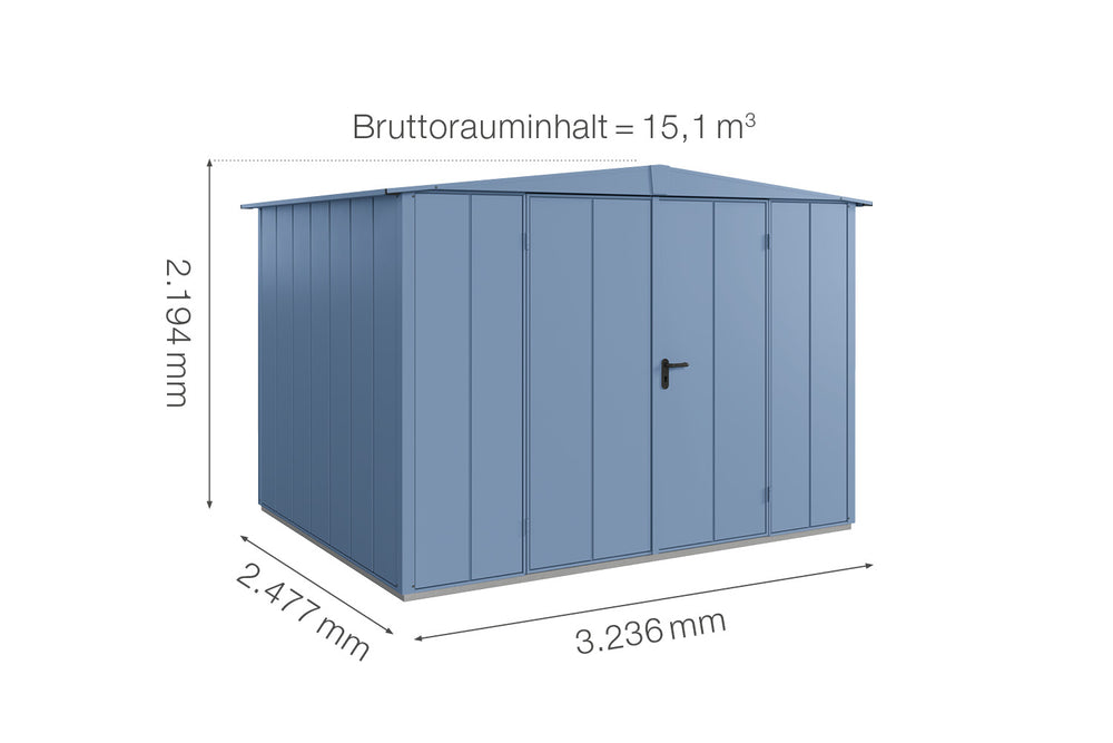 Hörmann Gerätehaus Modell Berry Modern Typ3 Satteldach taubenblau Doppeltür Maße