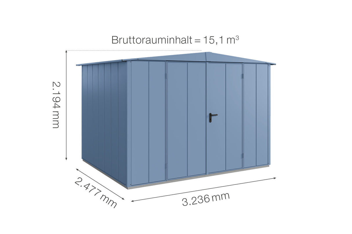 Hörmann Gerätehaus Modell Berry Modern Typ3 Satteldach taubenblau Doppeltür Maße