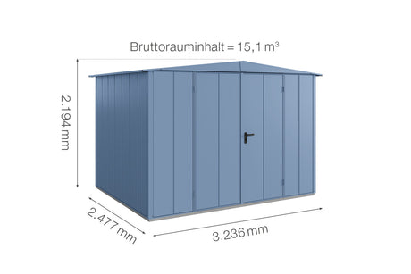 Hörmann Gerätehaus Modell Berry Modern Typ3 Satteldach taubenblau Doppeltür Maße
