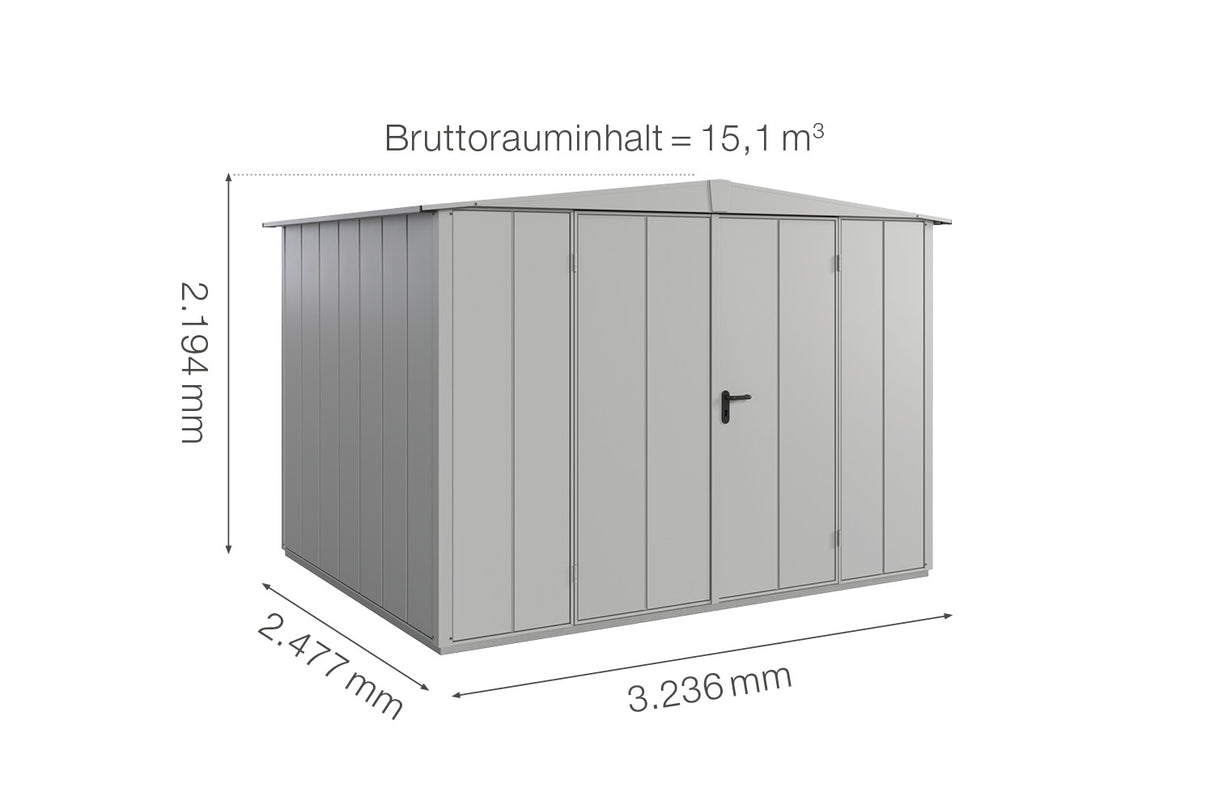 Hörmann Gerätehaus Modell Berry Modern Typ3 Satteldach weißaluminium Doppeltür Maße