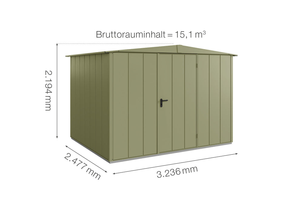Hörmann Gerätehaus Modell Berry Modern Typ3 Satteldach schilfgrün Einzeltür Maße