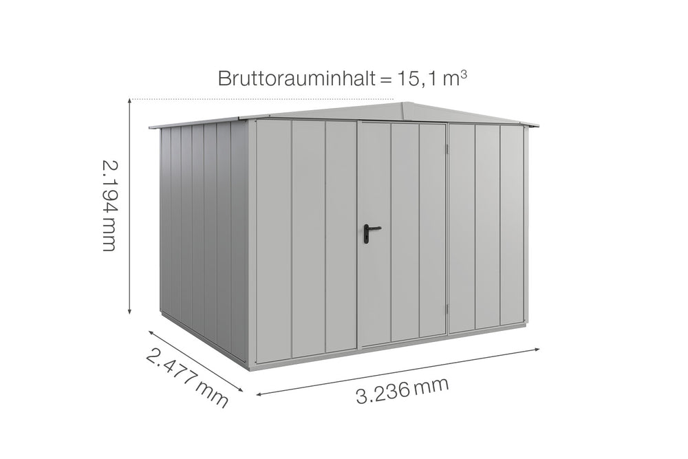 Hörmann Gerätehaus Modell Berry Modern Typ3 Satteldach weißaluminium Einzeltür Maße