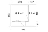 Palmako Gartenhaus Modell Grace 290 x 300 cm mit Dachüberstand rechts Grundriss