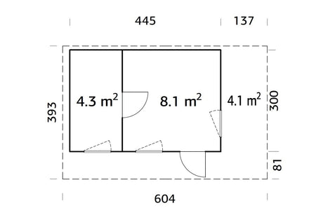 Palmako Gartenhaus Modell Grace 445 x 300 cm mit Dachüberstand Grundriss
