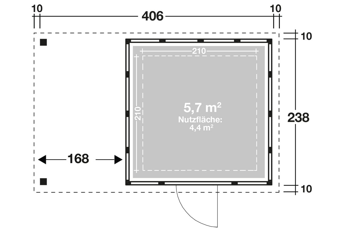 Telluria Gerätehaus Modell Classico 2424 mit Lounge und Seitendach 170 cm links Grundriss