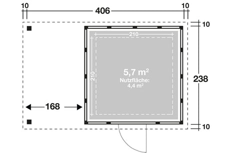 Telluria Gerätehaus Modell Classico 2424 mit Lounge und Seitendach 170 cm links Grundriss