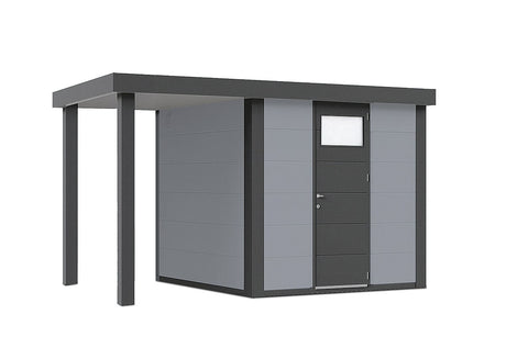 Telluria Gerätehaus Modell Classico 2424 mit Lounge 170 cm links lichtgrau freigestellt