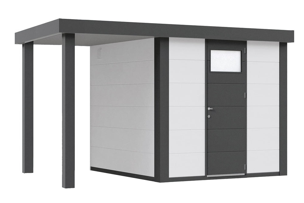 Telluria Gerätehaus Modell Classico 2424 mit Lounge und Seitendach 170 cm links weiß freigestellt