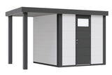 Telluria Gerätehaus Modell Classico 2424 mit Lounge und Seitendach 170 cm links weiß freigestellt