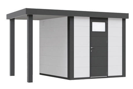 Telluria Gerätehaus Modell Classico 2424 mit Lounge und Seitendach 170 cm links weiß freigestellt