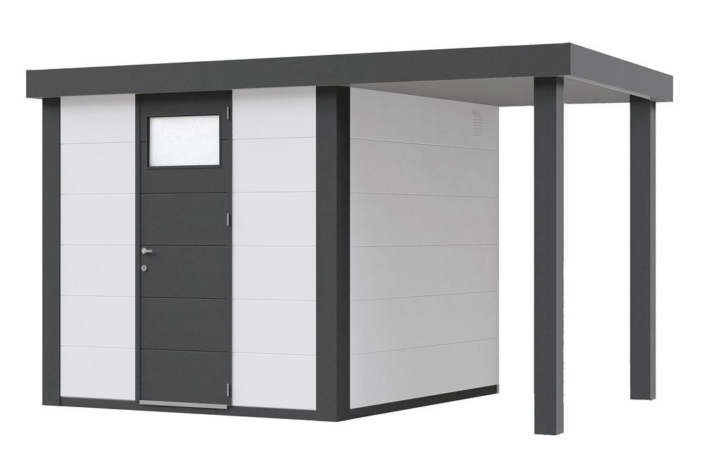 Telluria Gerätehaus Modell Classico 2424 mit Lounge und Seitendach 170 cm rechts weiß freigestellt