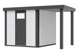Telluria Gerätehaus Modell Classico 2424 mit Lounge und Seitendach 170 cm rechts weiß freigestellt