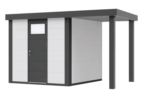 Telluria Gerätehaus Modell Classico 2424 mit Lounge und Seitendach 170 cm rechts weiß freigestellt