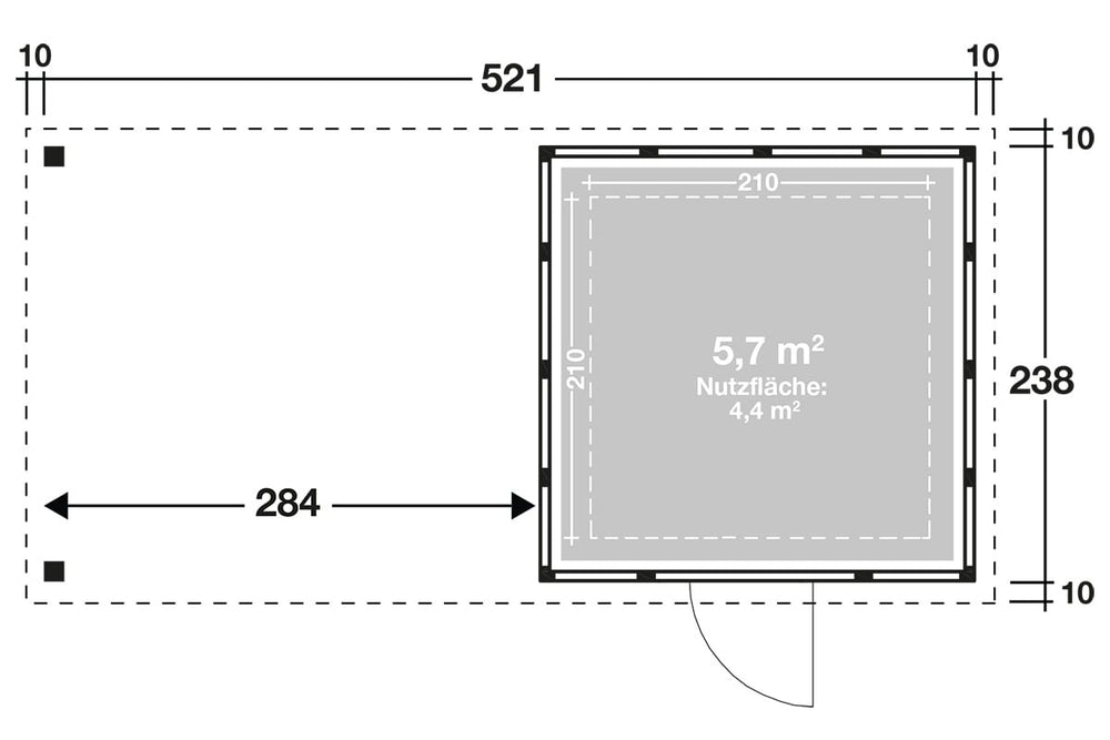 Telluria Gerätehaus Modell Classico 2424 mit Lounge und Seitendach 280 cm links Grundriss