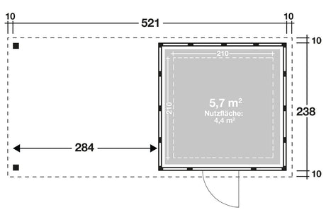 Telluria Gerätehaus Modell Classico 2424 mit Lounge und Seitendach 280 cm links Grundriss