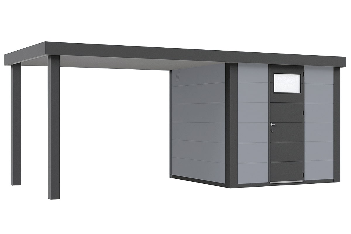 Telluria Gerätehaus Modell Classico 2424 mit Lounge und Seitendach 280 cm links lichtgrau freigestellt