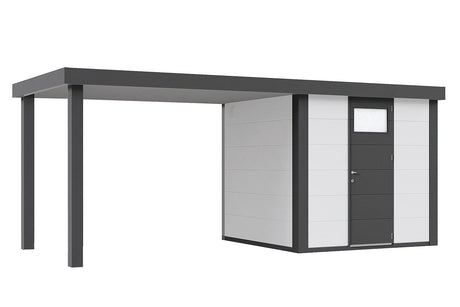 Telluria Gerätehaus Modell Classico 2424 mit Lounge und Seitendach 280 cm links weiss freigestellt