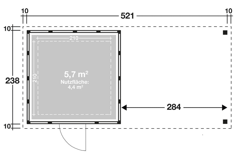 Telluria Gerätehaus Modell Classico 2424 mit Lounge und Seitendach 280 cm rechts Grundriss