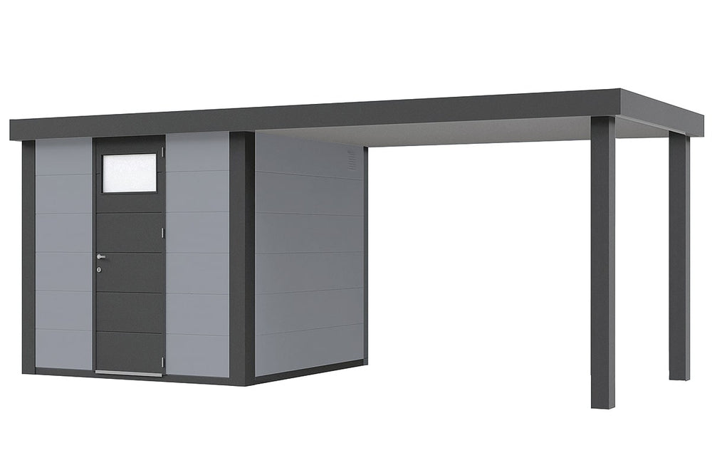 Telluria Gerätehaus Modell Classico 2424 mit Lounge und Seitendach 280 cm rechts lichtgrau freigestellt