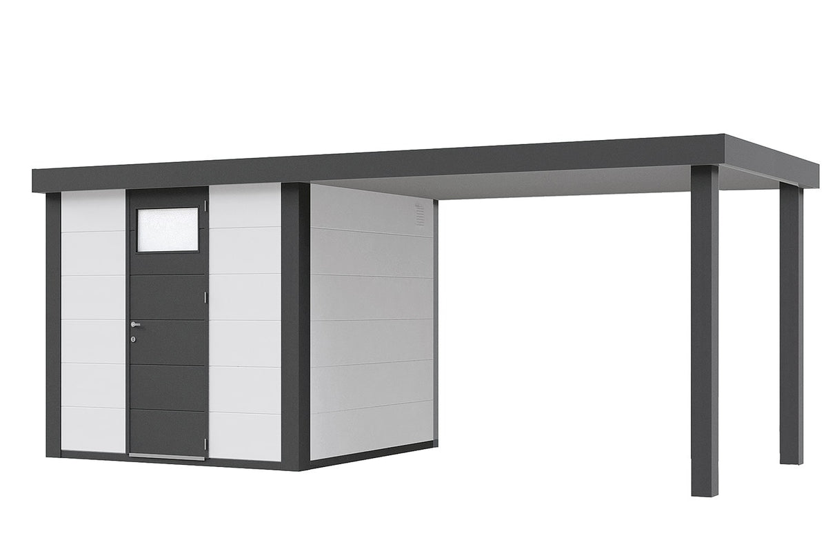 Telluria Gerätehaus Modell Classico 2424 mit Lounge und Seitendach 280 cm rechts weiss freigestellt