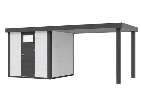 Telluria Gerätehaus Modell Classico 2424 mit Lounge und Seitendach 280 cm rechts weiss freigestellt