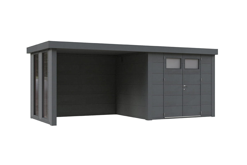 Telluria Gerätehaus Classico 3024 + Lounge links + Fenster granitgrau freigestellt