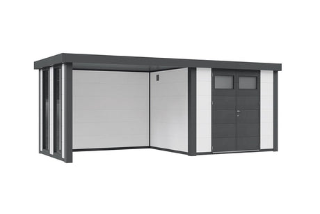 Telluria Gerätehaus Classico 3024 + Lounge links + Fenster weiss freigestellt