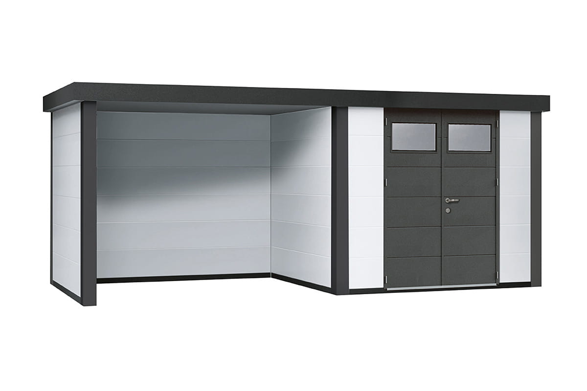 Telluria Gerätehaus Classico 3024 + Lounge links weiss freigestellt