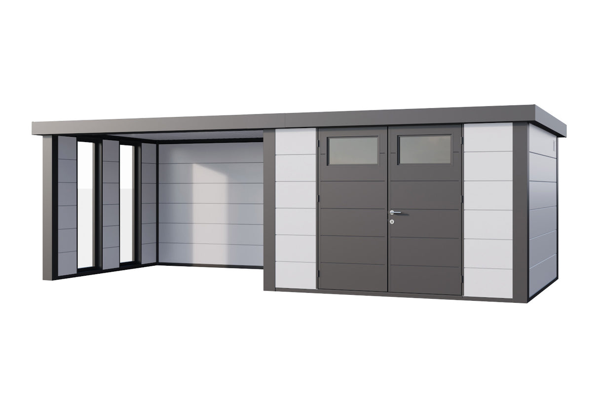 Telluria Gerätehaus Classico 3330 + Lounge links + Fenster Weiß freigestellt