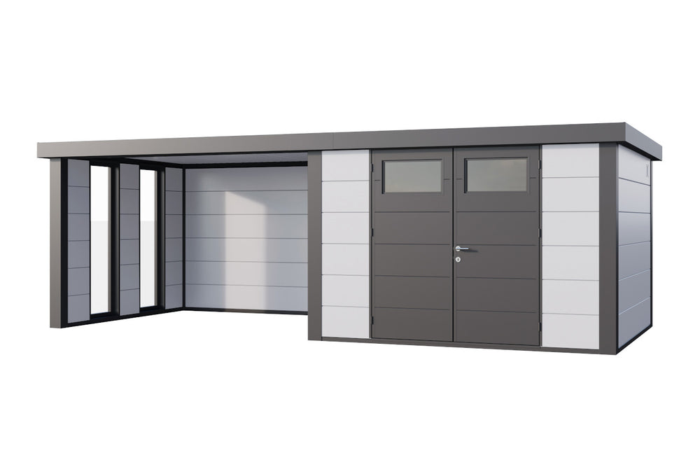 Telluria Gerätehaus Classico 3030 + Lounge links + Fenster Weiß freigestellt