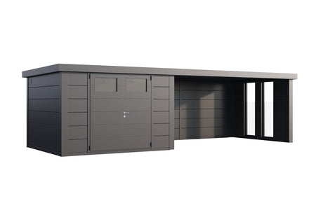 Telluria Gerätehaus Classico 3030 + XL Lounge rechts + Fenster Granitgrau freigestellt