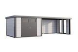 Telluria Gerätehaus Classico 3030 + XL Lounge rechts + Fenster Weiß freigestellt